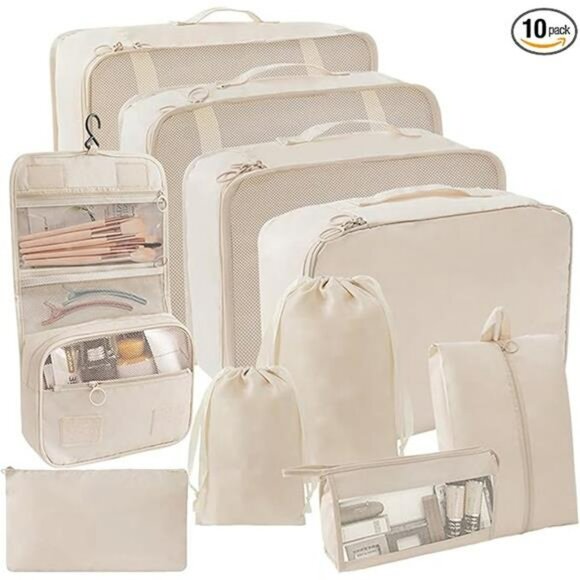 10 Piece Packing Cubes Travel Luggage Organizer Set Suitcase Carry On Bags Beige - Picture 7 of 7